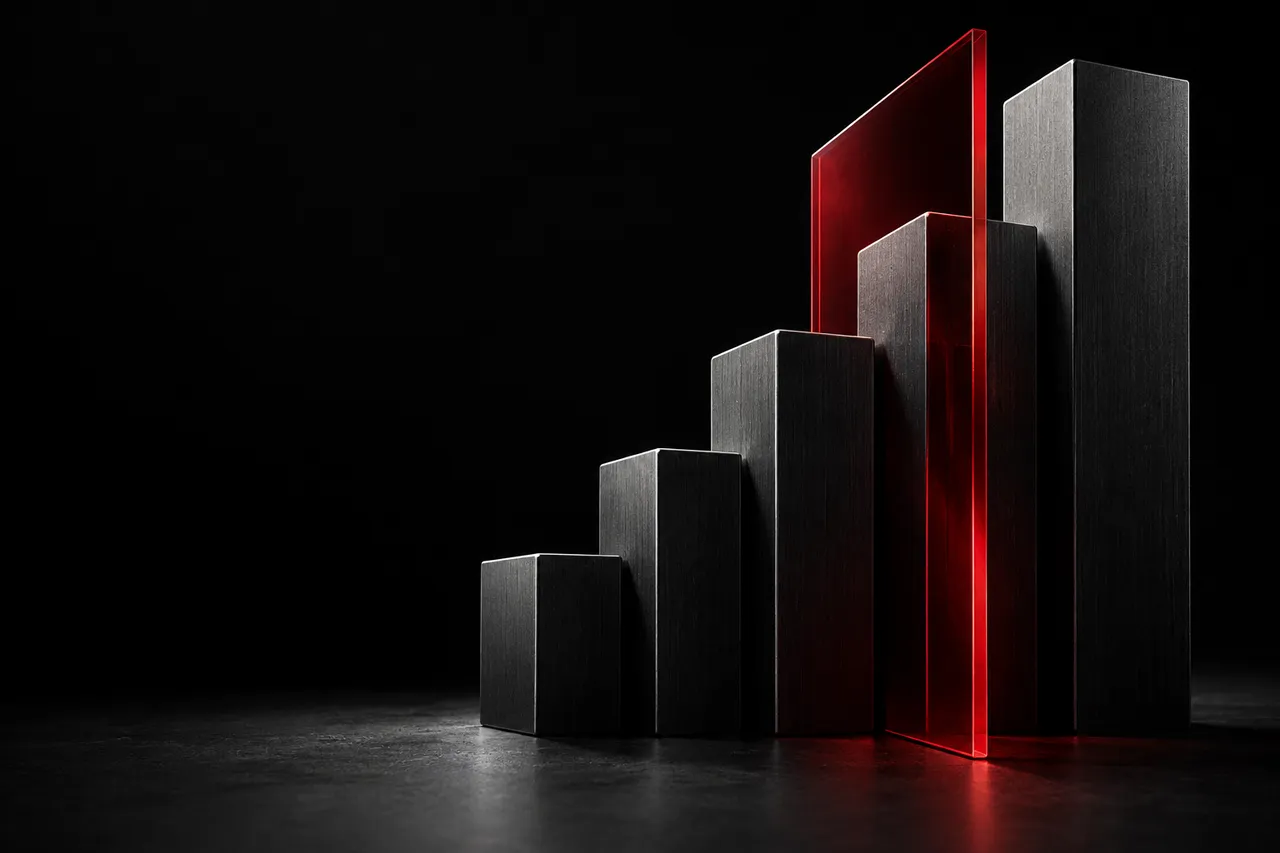 Precisely aligned black metal forms and red glass represent connected growth.