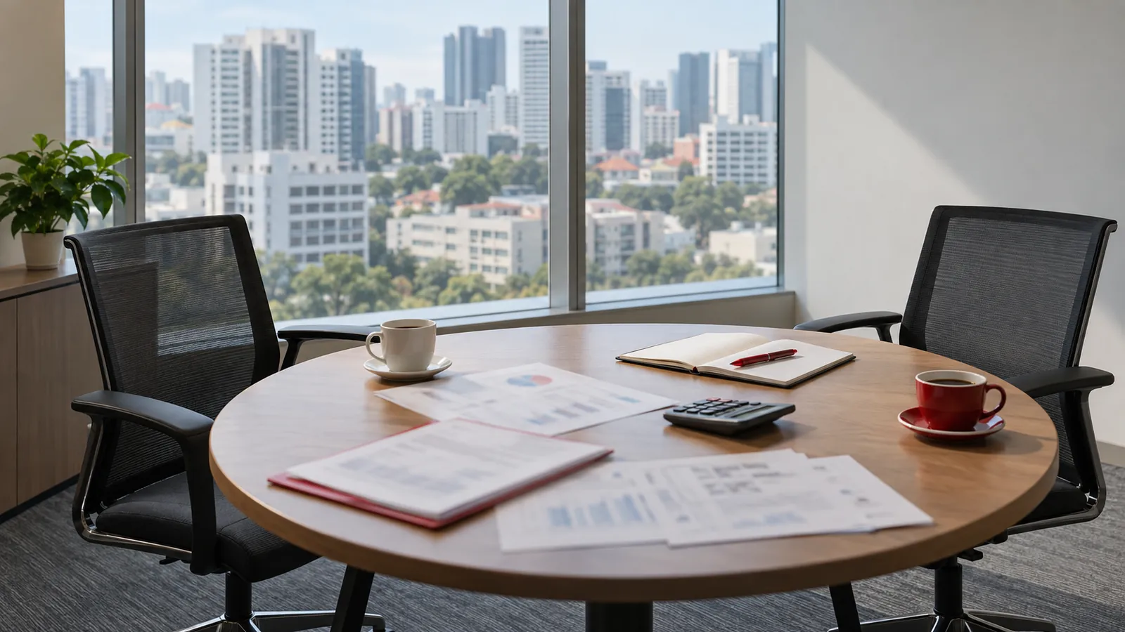 Business plans, a calculator and two coffees on a meeting table, set for a consultation before any commitment.