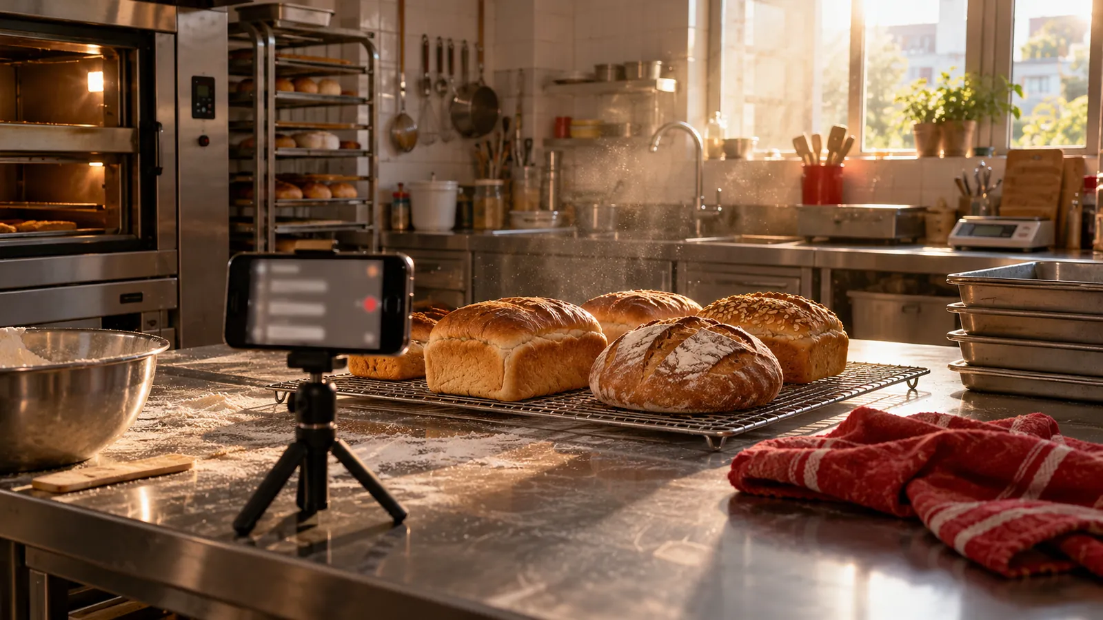 A phone on a small tripod films fresh loaves on a bakery counter for a short social video.