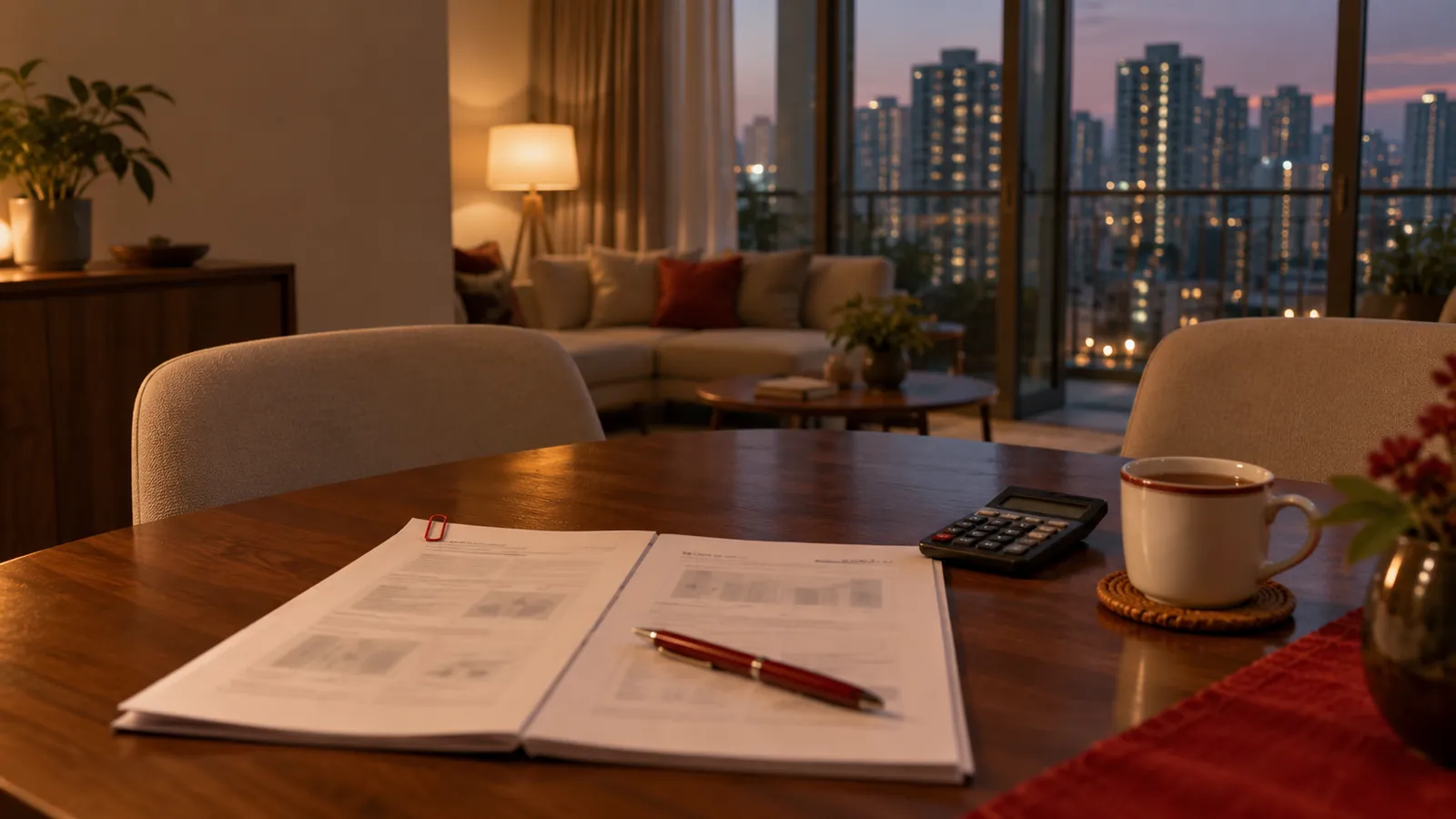 A written two-page proposal with a pen, calculator and tea on a dining table, ready to be read before deciding.