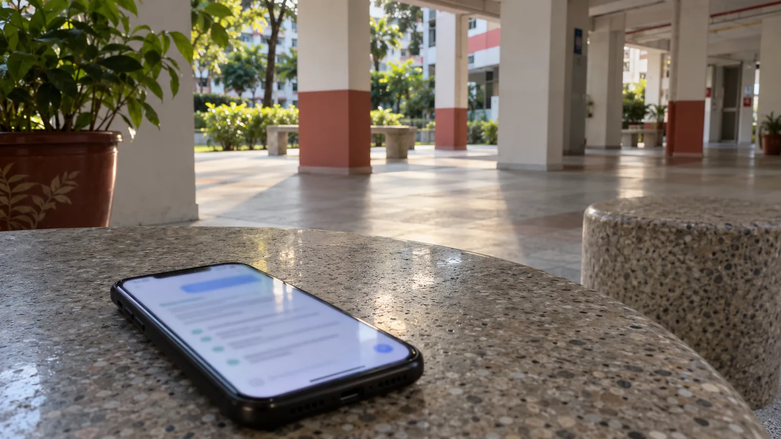 A phone on an empty HDB void deck table shows an AI assistant's answer recommending local businesses.