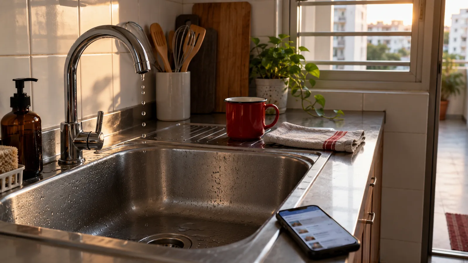 A phone lies beside a dripping kitchen tap in a Singapore HDB flat, the moment a homeowner starts searching for local help.