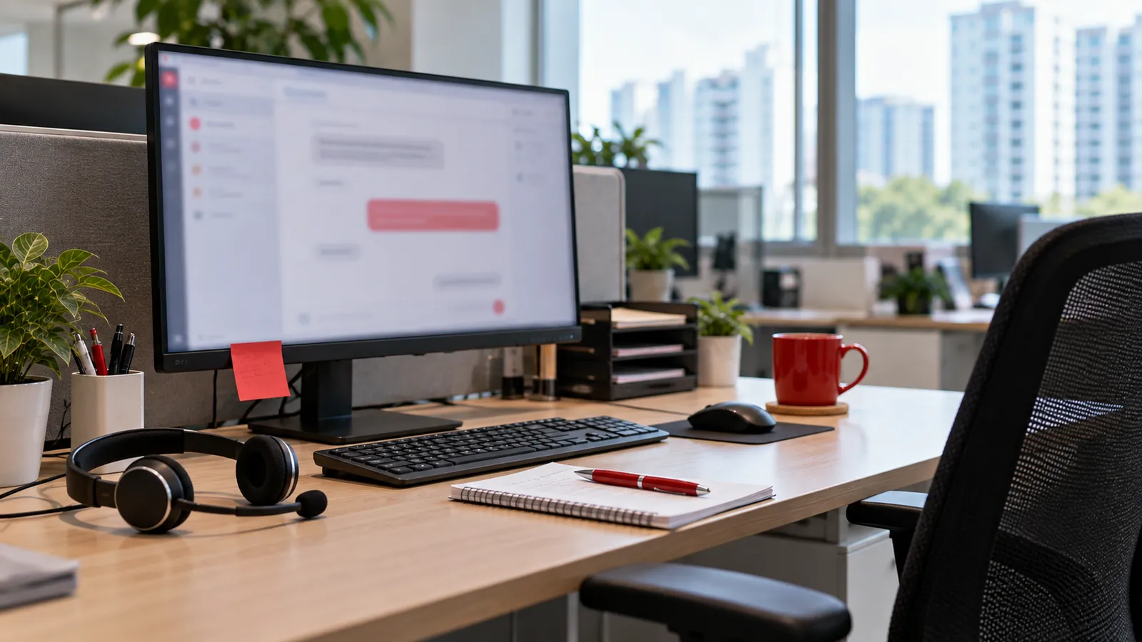 A customer service desk with a new chat message on screen and a headset ready beside the keyboard.