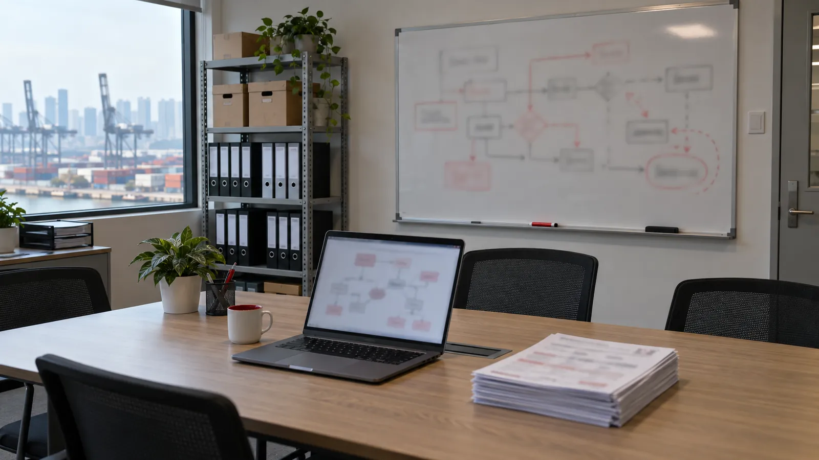 A whiteboard workflow of boxes and arrows in a logistics office, mapped before it is automated.