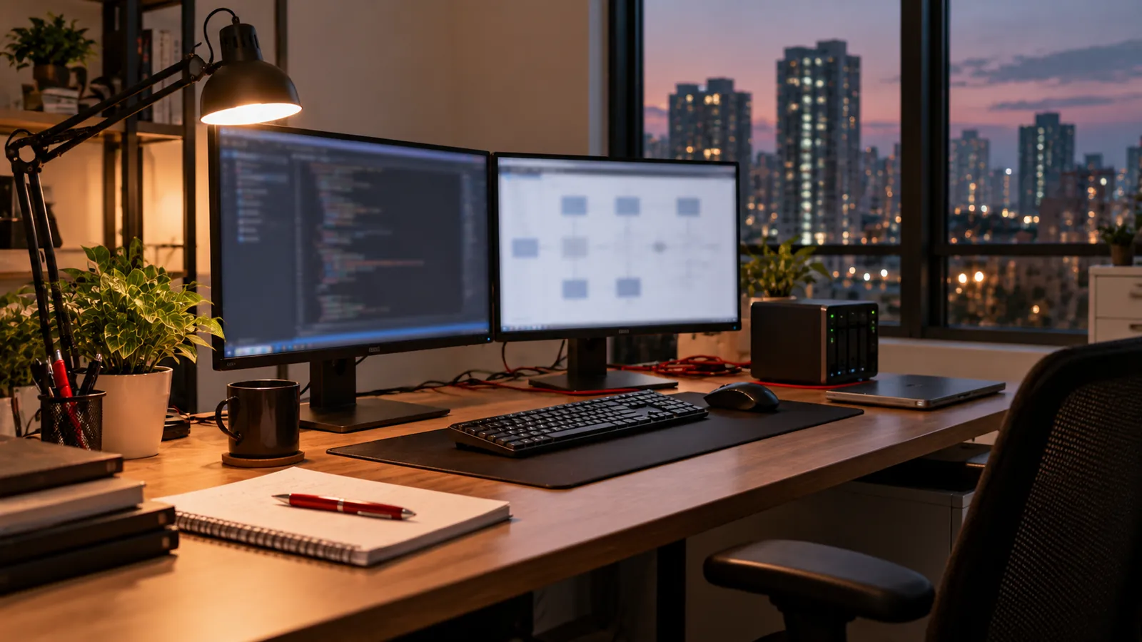 A dual-monitor engineering workstation with code and a system diagram, where SingRank's tools are built.