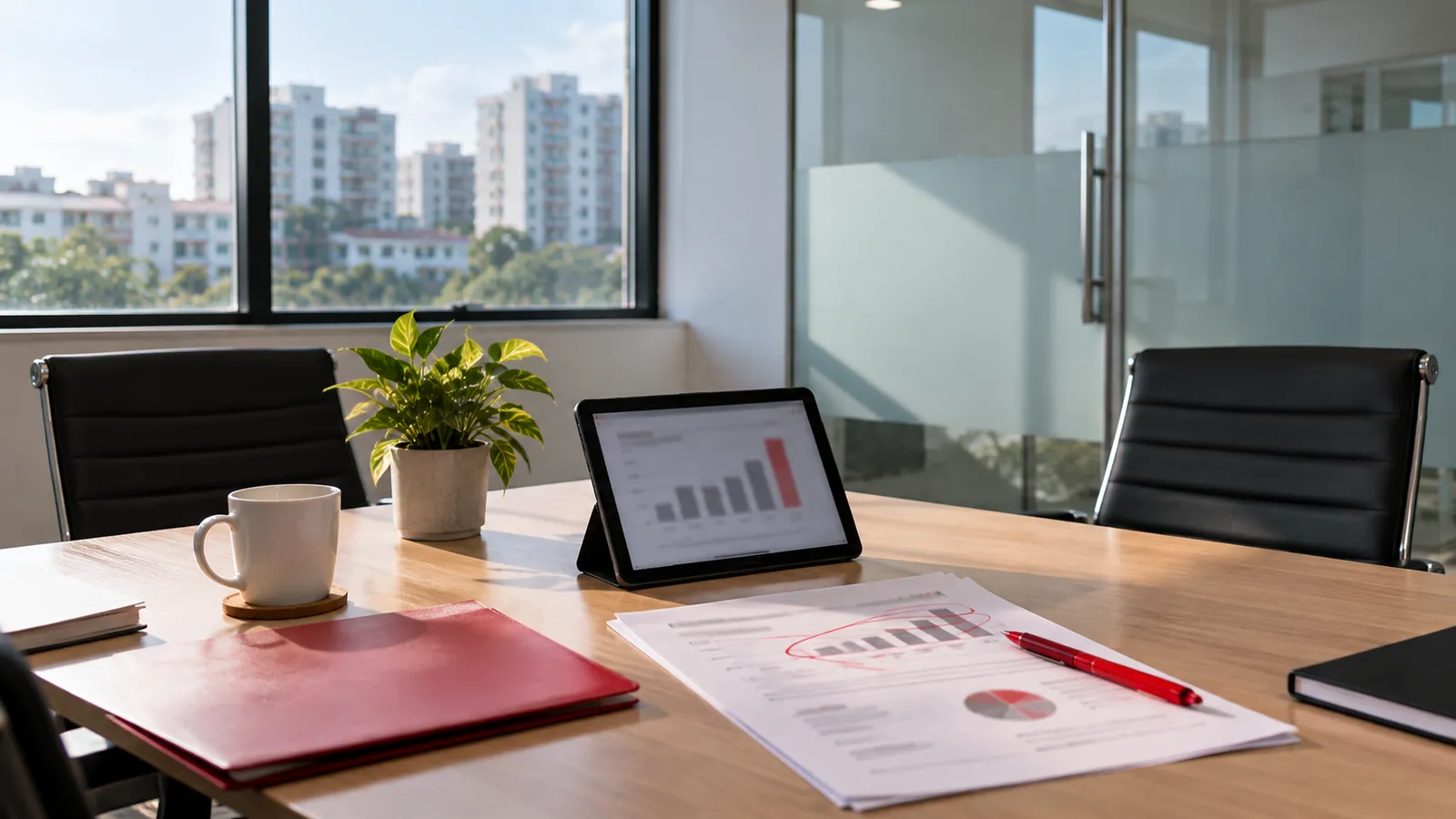 A tablet with a bar chart, a printed monthly summary and a red folder set out for a results review.