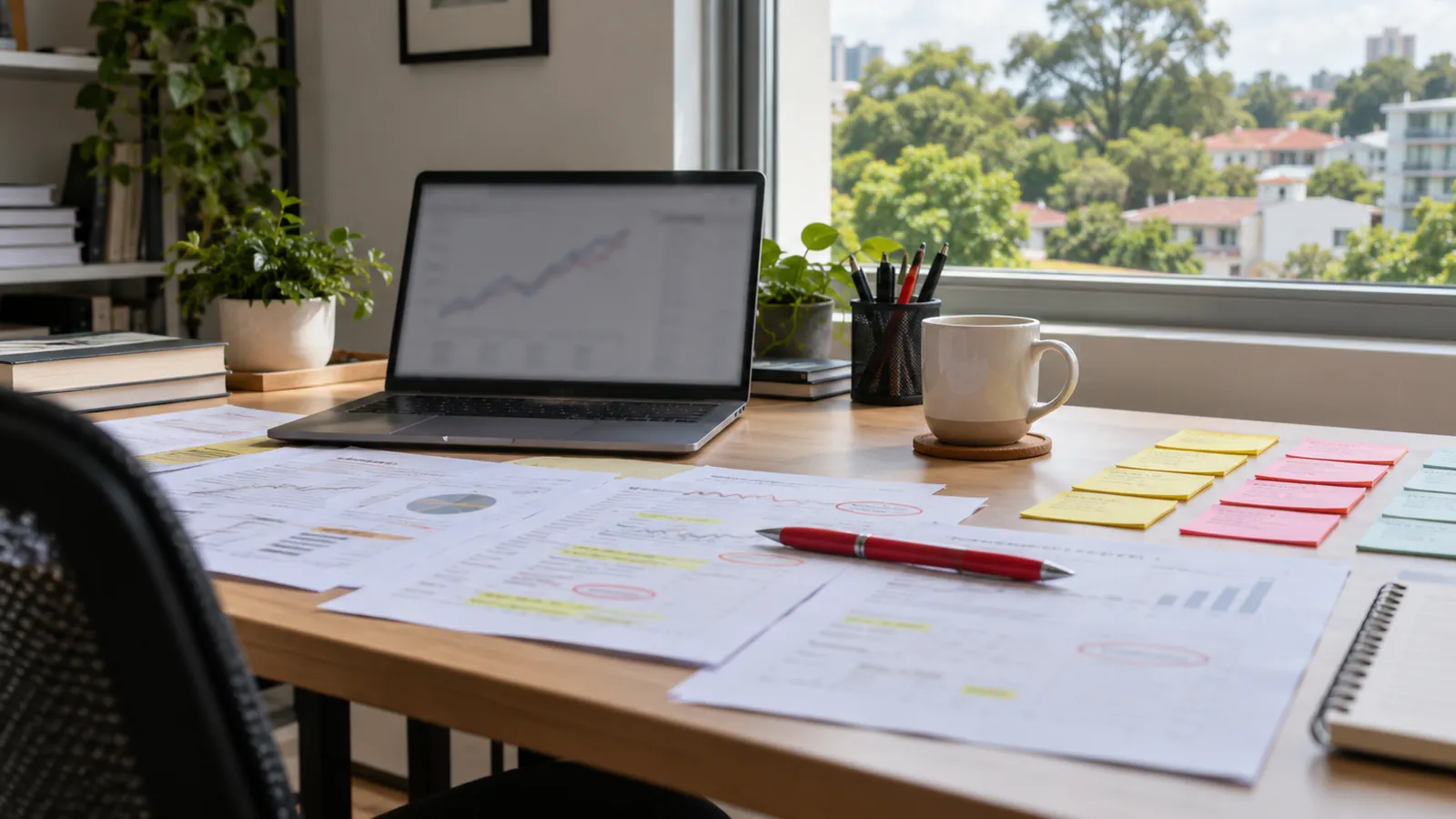 Printed search data with highlighted lines, a red pen and grouped sticky notes on a strategist's desk.