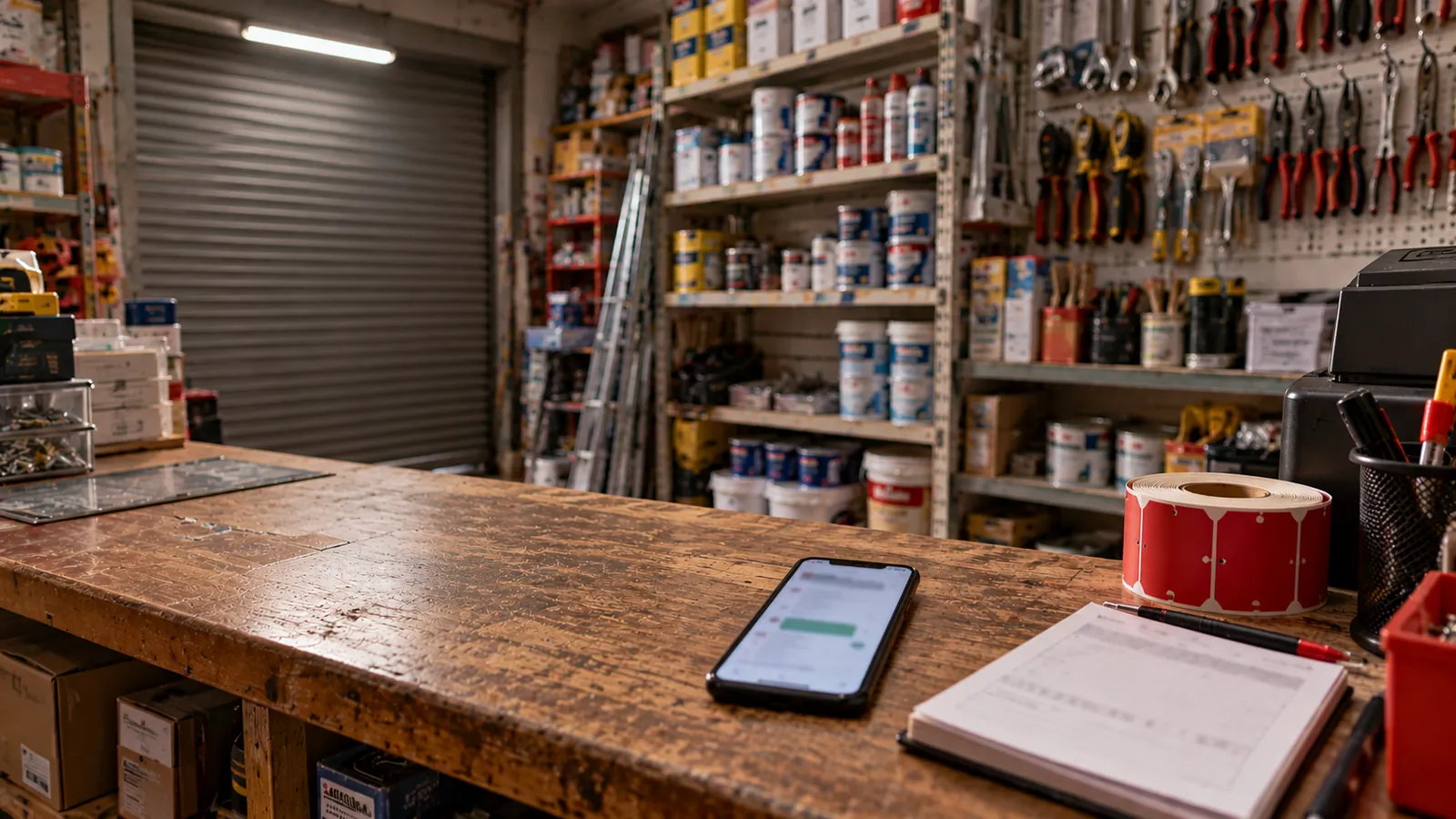 A phone lights up with a new customer message on a hardware shop counter.