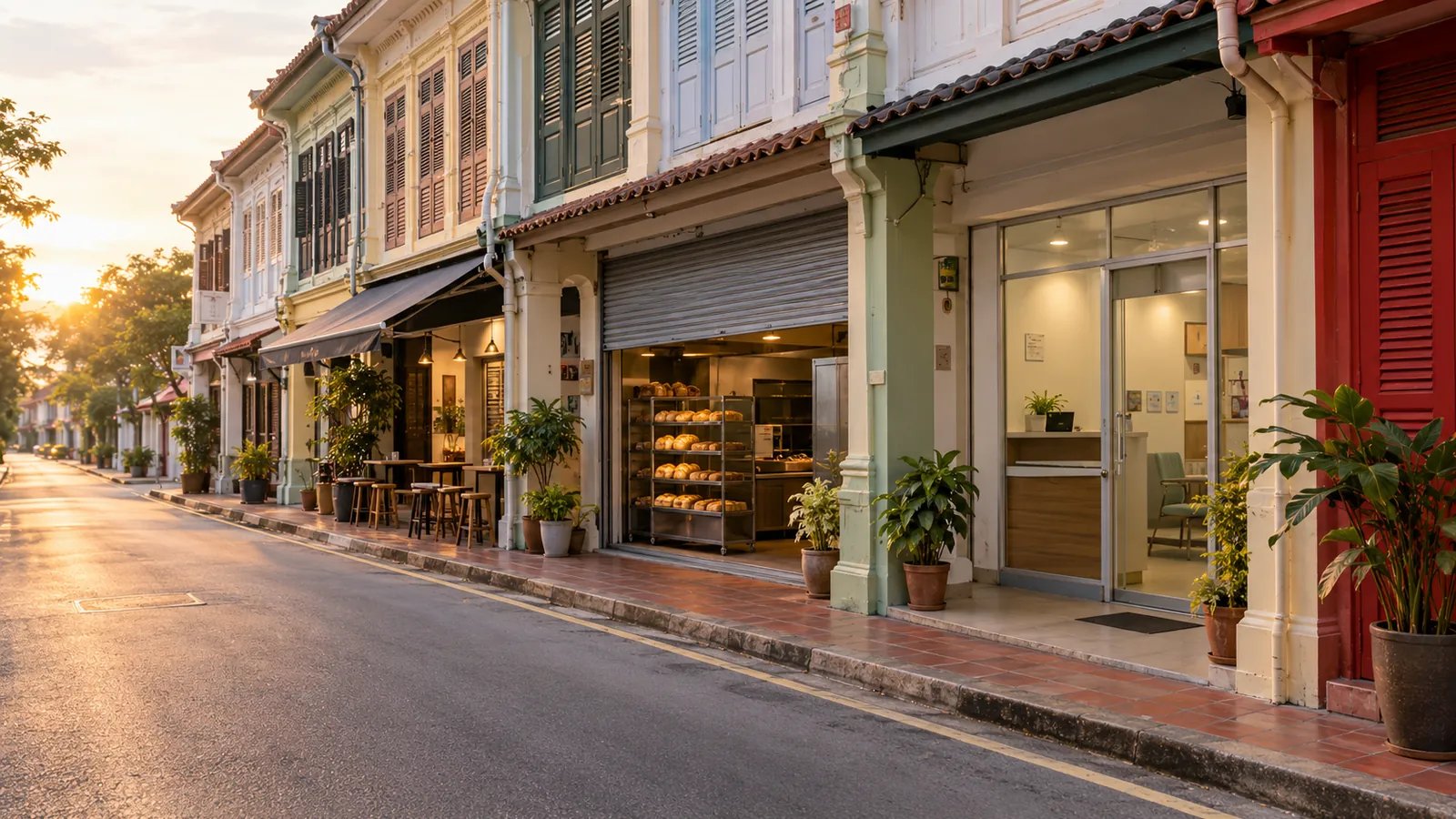 A quiet street of Singapore shophouse businesses at dawn, shutters rising for the day.