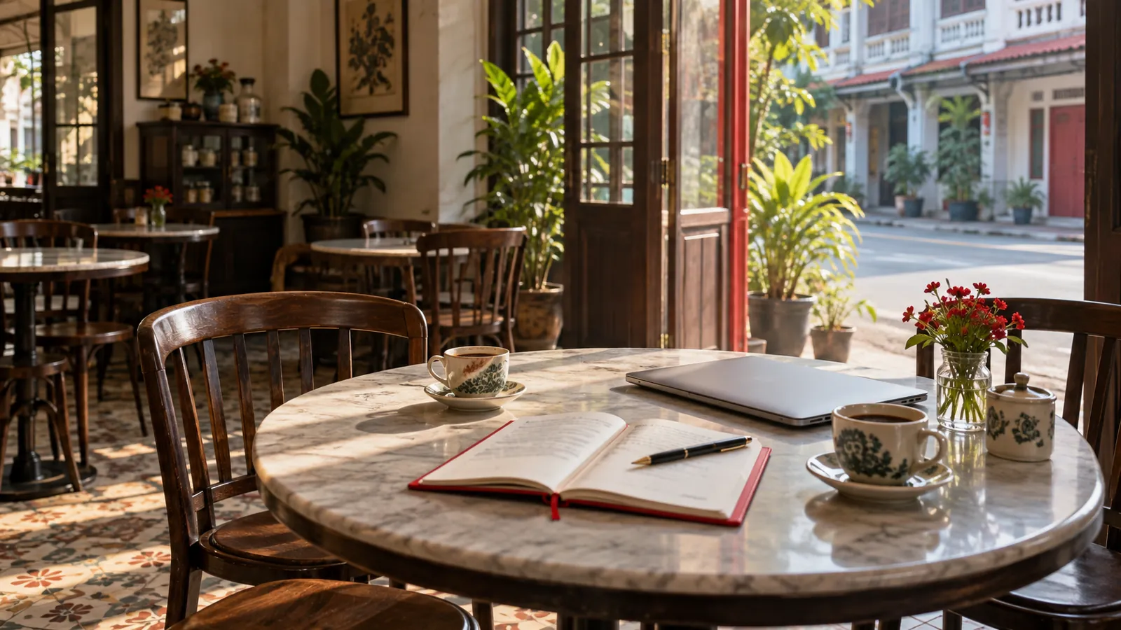 Two cups of kopi, a closed laptop and an open notebook on a shophouse cafe table, set for a first conversation about a business's goals.