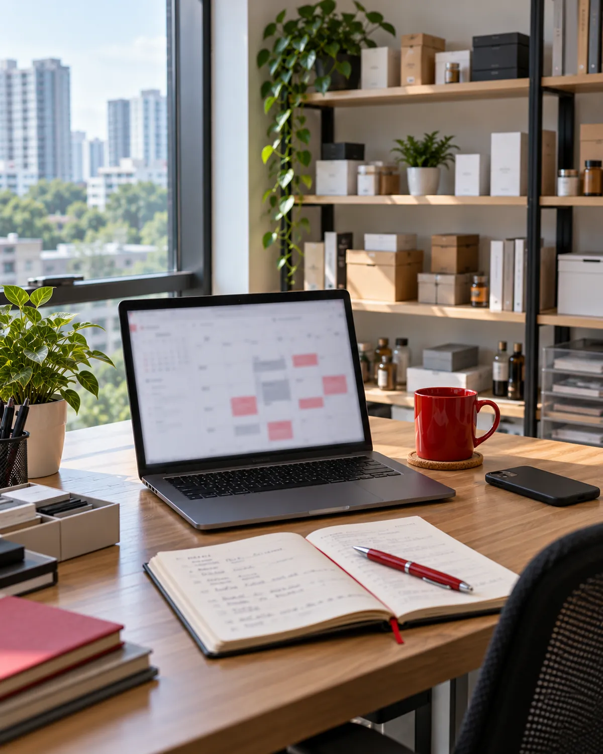 A business owner's desk with a booking calendar open on the laptop, ready for a first call.