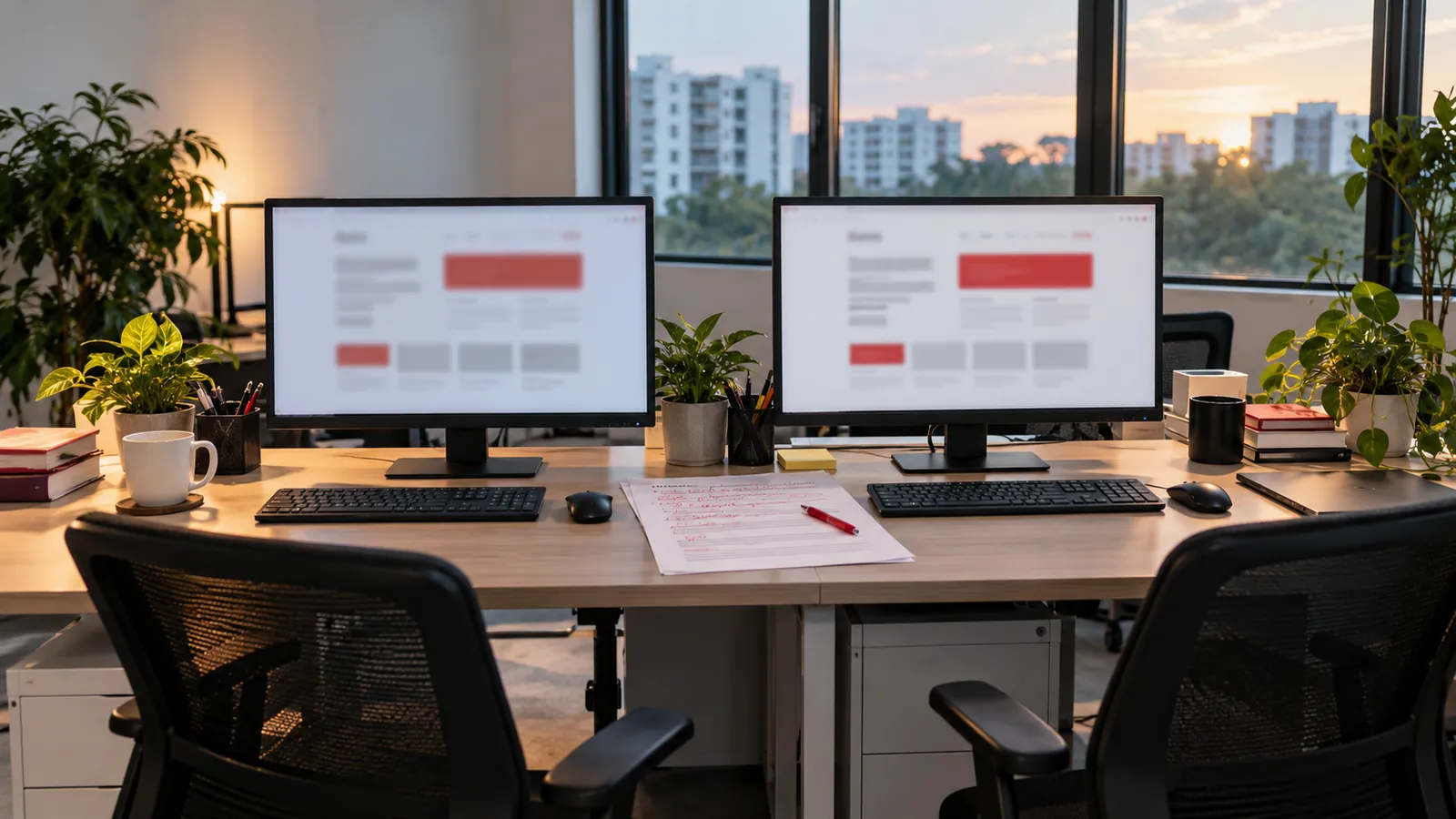 Two monitors show a web page layout beside a printed draft marked up in red, ready to fix and publish.